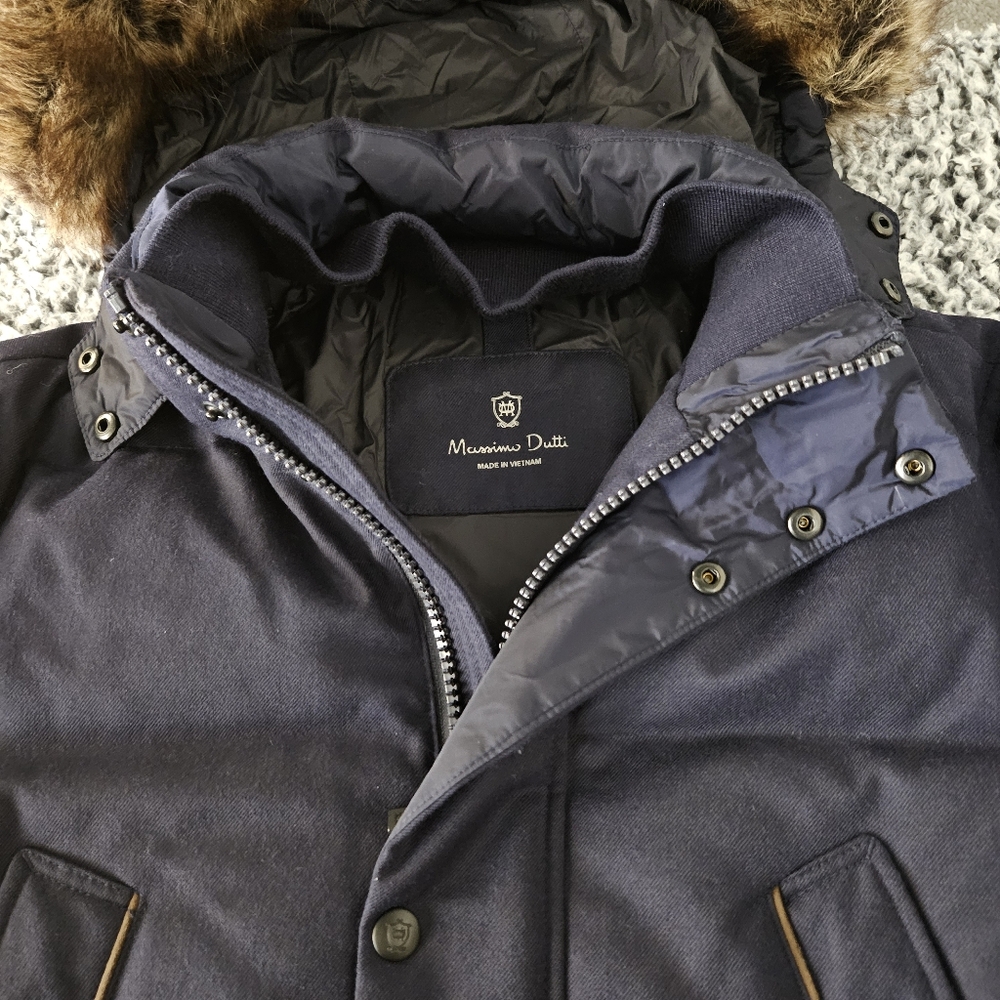Massimo Dutti Men's S Small Navy Blue Wool Down Parka Coat Hooded Puffer Jacket - Picture 4 of 15
